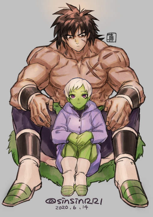 1boy, 1girl, artist_name, black_hair, boots, broly_(dragon_ball_super), cheelai, colored_skin, dated, dragon_ball, dragon_ball_super, dragon_ball_super_broly, green_skin, grey_background, jacket, manly, pelt, purple_eyes, scar, topless_male, sinsin12121, sitting, sitting_on_lap, sitting_on_person, smile, spiked_hair, white_hair