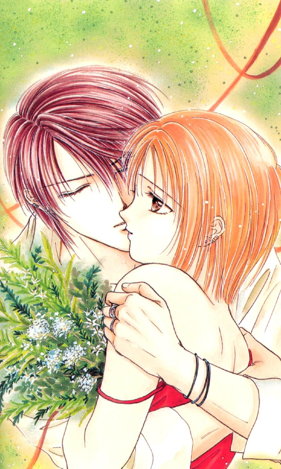 ayashi_no_ceres, bouquet, closed_eyes, couple, flower, highres, kiss, mikage_aya