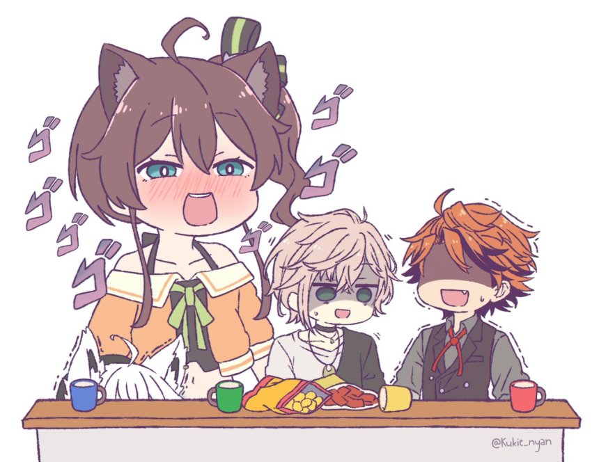 2boys, 2girls, ahoge, animal_ears, bare_shoulders, black_choker, blue_eyes, blush, brown_hair, chibi, choker, commentary, english_commentary, fox_ears, giant, giantess, green_eyes, hair_between_eyes, hair_ornament, hiding, hololive, holostars, jewelry, kukie-nyan, light_brown_hair, long_hair, midriff, multiple_boys, multiple_girls, natsuiro_matsuri, natsuiro_matsuri_(1st_costume), necklace, open_mouth, rikka_(1st_costume)_(holostars), rikka_(holostars), scared, shaded_face, shirakami_fubuki, shirt, short_hair, side_ponytail, simple_background, smile, sweater, trembling, virtual_youtuber, white_hair, yukoku_roberu