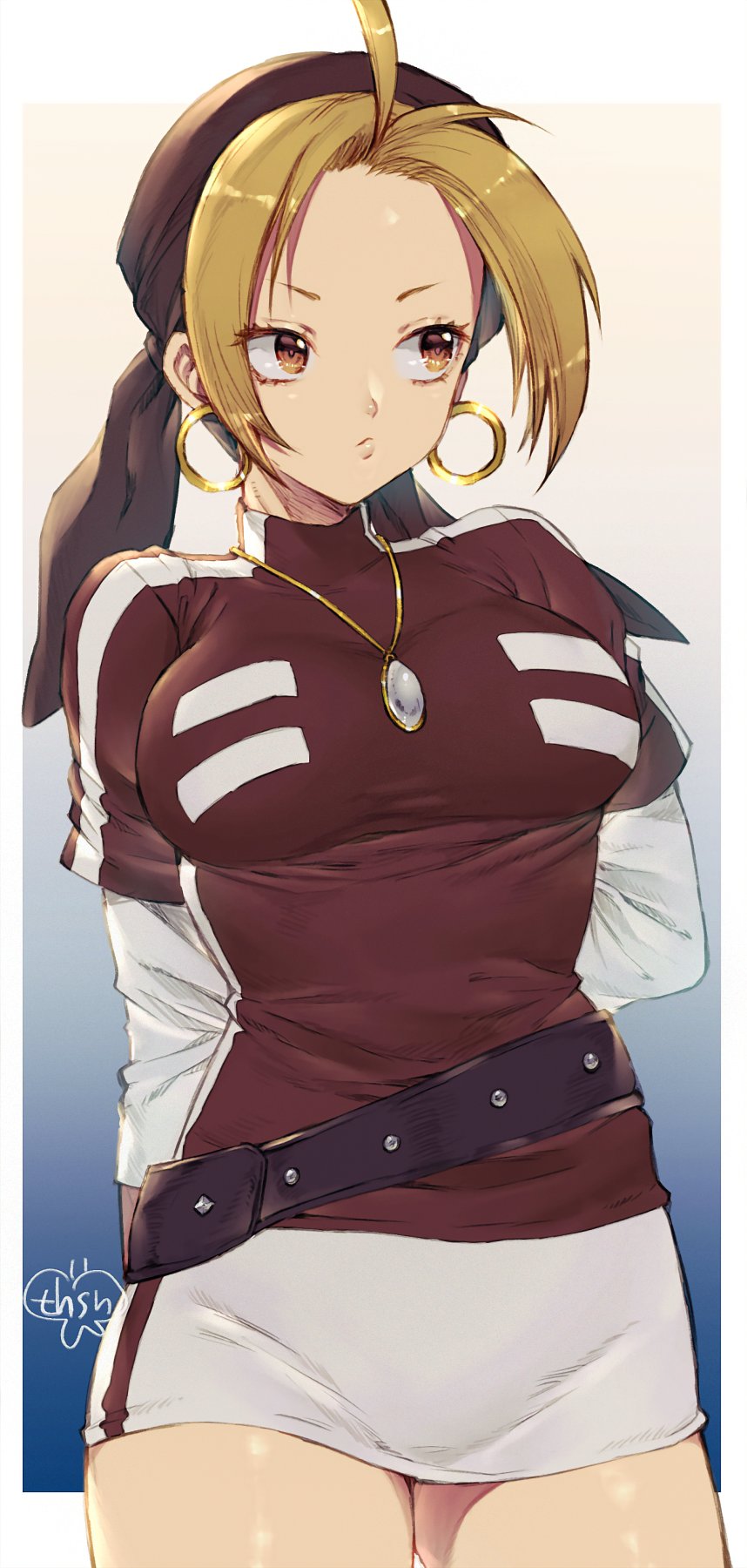 1girl, ahoge, bandana, belt, blonde_hair, breasts, earrings, female_focus