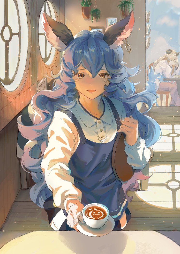 1girl, 1other, animal_ears, beppo_(granblue_fantasy), blue_hair, cafe, coffee, draph
