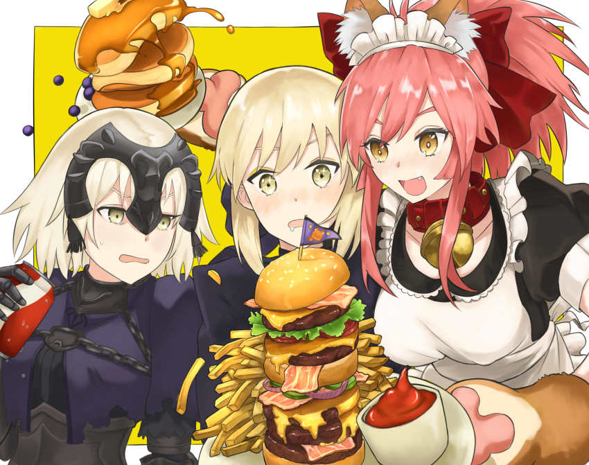 3girls, absurdres, ahoge, animal_ear_fluff, animal_ears, animal_hands, apron, armor, armored_dress, artoria_pendragon_(fate), bell, blonde_hair, blush, breasts, burger, c_xj, can, cat_paws, chain, collar, collarbone, dark_persona, dress, fangs, fate/grand_order, fate/stay_night, fate_(series), food, fox_ears, fox_girl, french_fries, gloves, gothic_lolita, hair_ribbon, headpiece, highres, jeanne_d'arc_(fate), jeanne_d'arc_alter_(avenger)_(fate), jeanne_d'arc_alter_(fate), jingle_bell, ketchup, large_breasts, lolita_fashion, long_hair, multiple_girls, neck_bell, open_mouth, pancake, paw_gloves, pink_hair, ponytail, red_ribbon, ribbon, saber_alter, saliva, short_hair, silver_hair, tamamo_cat_(fate), tamamo_cat_(second_ascension)_(fate), too_much_burger, too_much_food, yellow_eyes