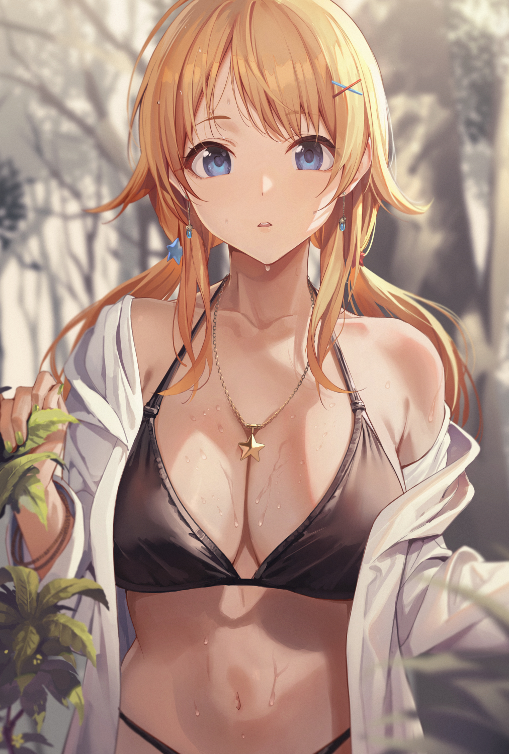 1girl, ahoge, bikini, blonde_hair, blue_eyes, blush, breasts, cleavage