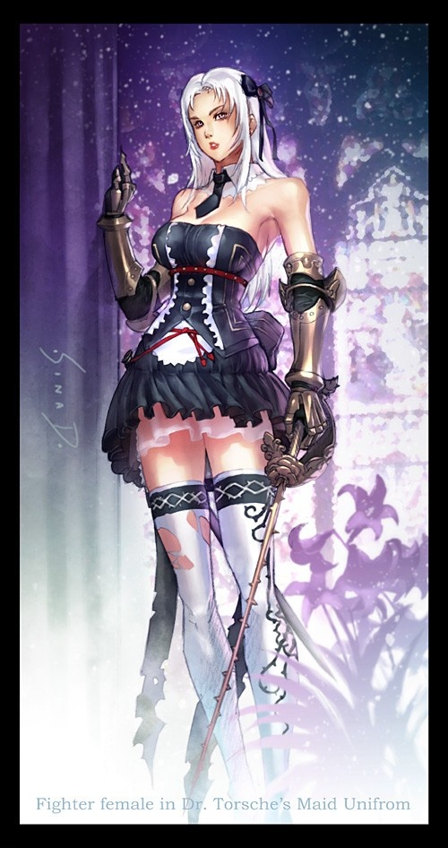 1girl, bare_shoulders, dress, female_focus, fighter_(granado_espada), gauntlets, granado_espada, lipstick