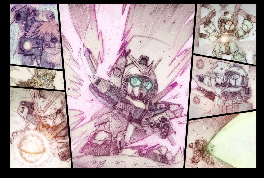 energy_sword, blonde_hair, blue_eyes, chibi, chronicle_asher, chronicle_asher_(cosplay), cosplay, energy_ball, energy_wings, gun-ez, gundam, highres, katejina_loos, katejina_loos_(cosplay), mecha, nakanishi_tatsurou, no_humans, red_eyes, red_hair, robot, sd_gundam, v2_gundam, victory_gundam, zoloat