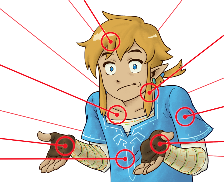 1boy, :t, aqua_scrunchie, artist_name, blonde_hair, blue_eyes, blue_shirt, blue_tunic, brown_gloves, collarbone, earrings, fingerless_gloves, gloves, guess_i'll_die_(meme), impending_doom, jewelry, laser, laser_pointer_projection, laser_sight, layered_clothes, layered_sleeves, link, looking_at_viewer, male_focus, meme, messy_hair, nintendo, no_pupils, pointy_ears, ponytail, print_sleeves, raised_eyebrows, scrunchie, shirt, shrugging, sidelocks, simple_background, solo, swept_bangs, the_legend_of_zelda, the_legend_of_zelda:_breath_of_the_wild, tunic, upper_body, white_background, zicygomar