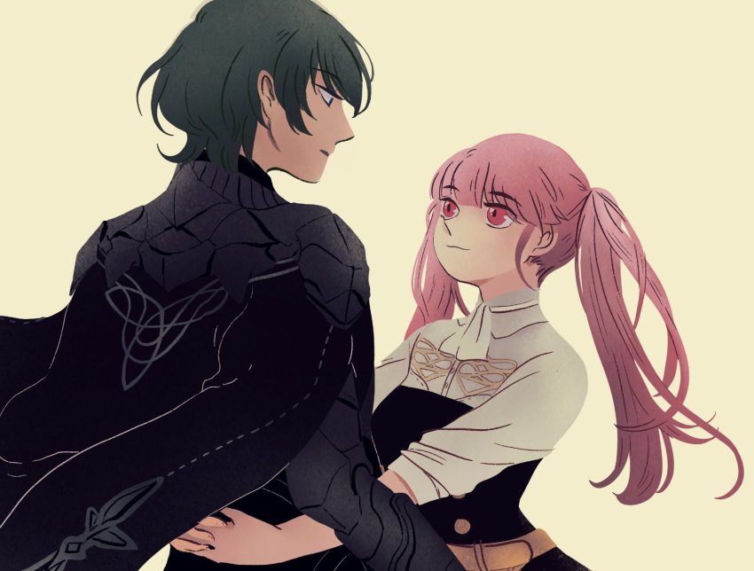 1boy, 1girl, armor, arms_around_another's_waist, belt, black_skirt, blue_eyes, blue_hair, male_byleth_(fire_emblem), cape, closed_mouth, couple, fire_emblem, fire_emblem:_three_houses, garreg_mach_monastery_uniform, hetero, hilda_valentine_goneril, holding_person, long_hair, looking_at_another, matching_hair/eyes, nintendo, pink_eyes, pink_hair, reronart, shirt, short_sleeves, simple_background, skirt, tan_background, twintails, upper_body, white_shirt