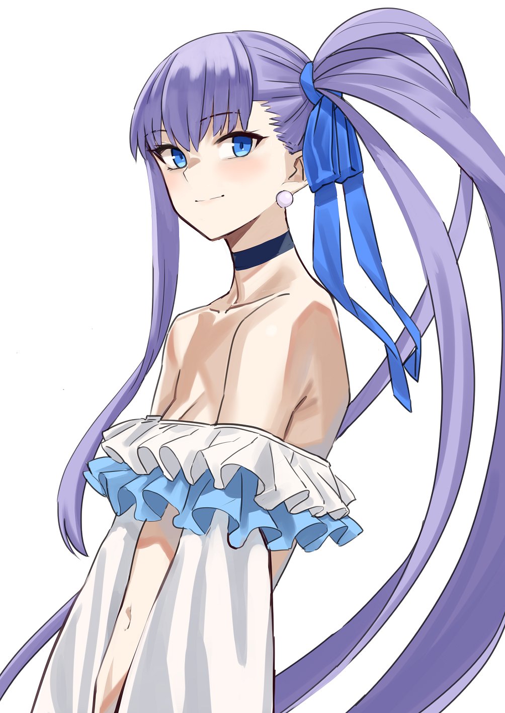 1girl, asymmetrical_hair, bare_shoulders, bikini, blue_eyes, blue_ribbon, blush, breasts