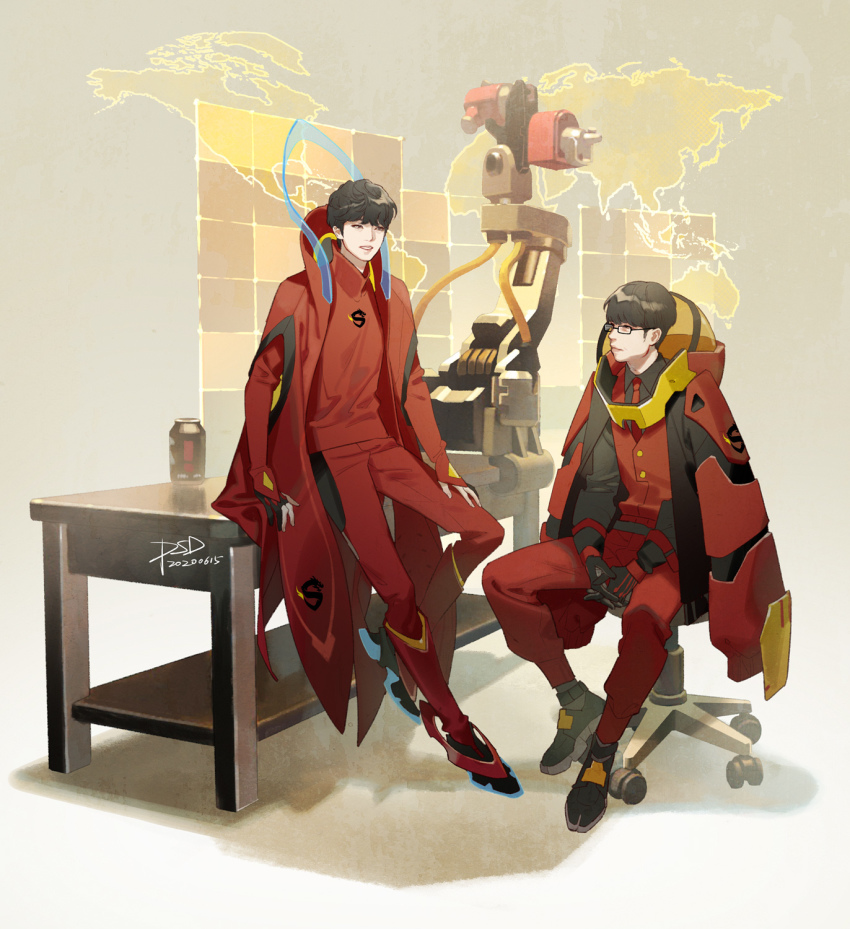 2boys, can, chair, chinese_commentary, cosplay, echo_(overwatch), echo_(overwatch)_(cosplay), esports, fearless_(gamer), fleta_(gamer), full_body, highres, logo, machinery, map, multiple_boys, overwatch, overwatch_1, overwatch_league, power_suit, psd, real_life, shanghai_dragons, signature, sitting, winston_(overwatch), winston_(overwatch)_(cosplay)