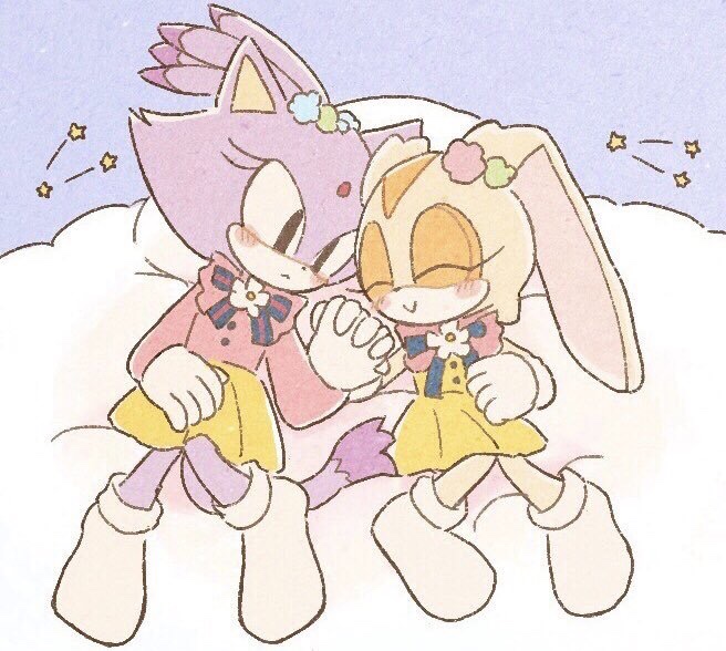 2girls, :<, ^_^, animal_ears, black_eyes, blaze_the_cat, blush, blush_stickers, bow, buke-baisen, cat, cat_ears, cat_girl, cat_tail, closed_eyes, commentary_request, cream_the_rabbit, forehead_jewel, furry, furry_female, furry_with_furry, gloves, interlocked_fingers, multiple_girls, pleated_skirt, purple_fur, rabbit, rabbit_ears, rabbit_girl, skirt, smile, snow, sonic_(series), star_(sky), tail, white_gloves, yellow_fur, yellow_skirt