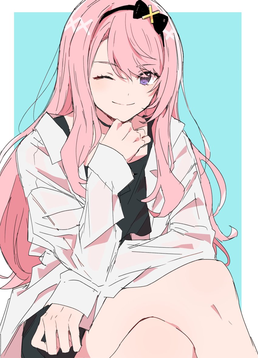 1boy, :d, aqua_background, border, closed_mouth, crossdressing, crossdressing_(mtf), crossed_legs