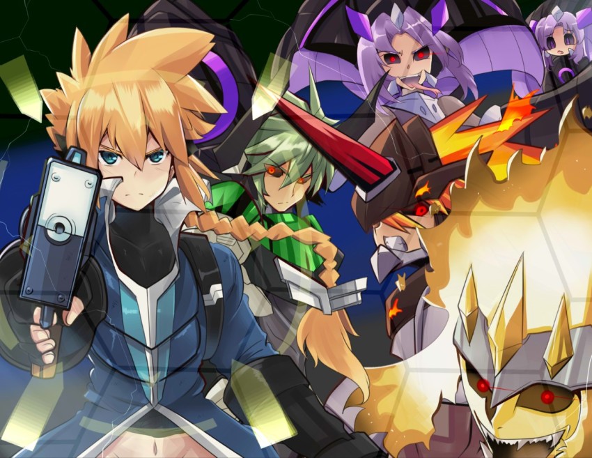 2girls, 4boys, angry, armor, azure_striker_gunvolt, battle, black_sclera, blonde_hair
