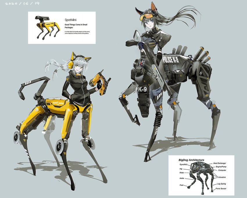 2girls, animal_ear_fluff, animal_ears, armor, bigdog, black_gloves, black_hair, black_jacket, blue_eyes, boston_dynamics, centaur, centauroid, commentary, cyborg, dated, fingerless_gloves, full_body, gloves, goggles, goggles_on_head, grey_background, gun, headphones, highres, holding, holding_gun, holding_weapon, jacket, long_sleeves, looking_at_viewer, mechanical_legs, multiple_girls, orange-tinted_eyewear, original, parted_lips, personification, police, police_uniform, real_life, shotgun, silver_hair, simple_background, smile, spot_(boston_dynamics), spotmini, swav, taur, tinted_eyewear, trigger_discipline, weapon, yellow_eyes