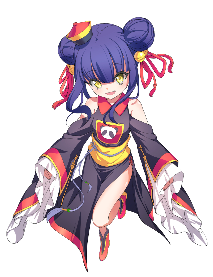 1girl, absurdres, blush, chinese_clothes, deatheach, double_bun, eyepatch, female_focus, hair_bun, hair_ribbon, hat, highres, jashin-chan_dropkick, kyon-kyon_(jashin-chan_dropkick), lamia, long_hair, medical_eyepatch, monster_girl, panda, poker_face, qingdai_guanmao, ran-ran, ribbon, solo, very_long_hair, yellow_eyes