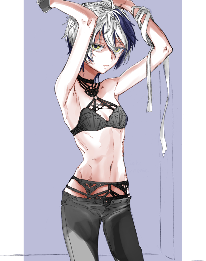 1girl, armpits, arms_up, bandaged_arm, bandages, black_bra, black_panties, black_pants