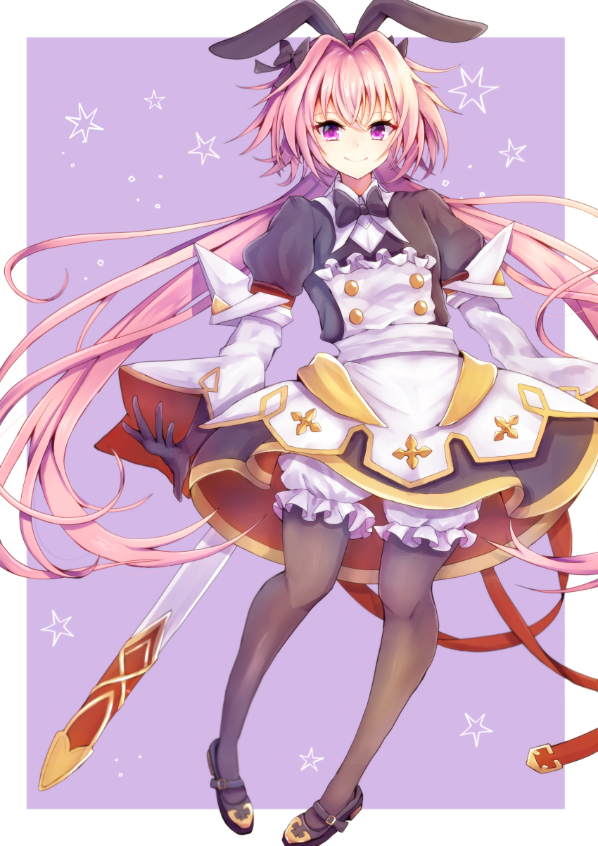 1boy, absurdres, androgynous, astolfo_(fate), astolfo_(saber)_(fate), astolfo_(saber)_(third_ascension)_(fate), black_bow, black_footwear, black_gloves, black_pantyhose, black_ribbon, bow, bowtie, closed_mouth, fate/grand_order, fate_(series), full_body, gloves, hair_bow, hair_intakes, hair_ribbon, highres, long_hair, long_sleeves, looking_at_viewer, low_twintails, male_focus, multicolored_hair, pantyhose, pero_1005, pink_hair, purple_eyes, ribbon, smile, solo, streaked_hair, trap, twintails