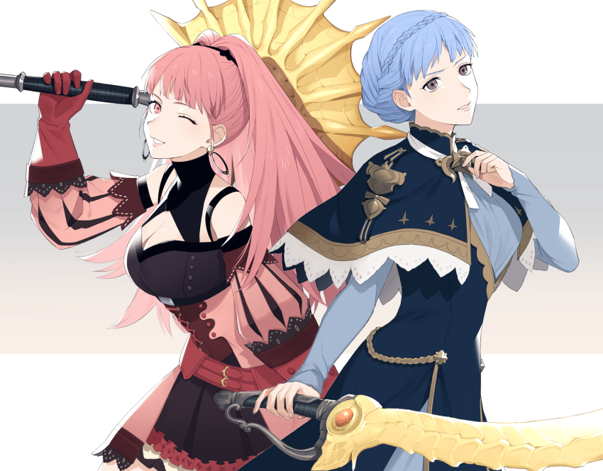 2girls, axe, blue_hair, blutgang_(fire_emblem), blutgang_(weapon), braid, breasts, brown_eyes