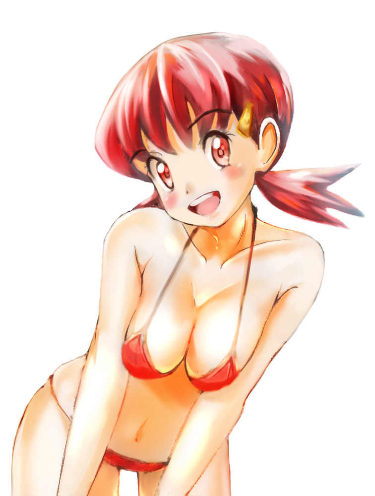 1girl, :d, bad_id, bad_pixiv_id, bikini, blush, breasts, cleavage