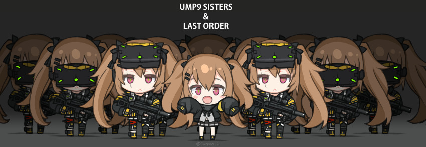 6+girls, armband, brown_hair, chibi, child, clone, commentary_request, dummy_(girls'_frontline), english_text, girls'_frontline, goggles, goggles_on_head, gun, h&amp;k_ump, highres, jacket, last_order_(toaru_majutsu_no_index), long_sleeves, misaka_imouto, mod3_(girls'_frontline), multiple_girls, multiple_persona, parody, ran_system, scar, scar_across_eye, scar_on_face, scope, submachine_gun, suppressor, toaru_kagaku_no_railgun, toaru_majutsu_no_index, twintails, ump9_(girls'_frontline), ump9_(mod3)_(girls'_frontline), weapon