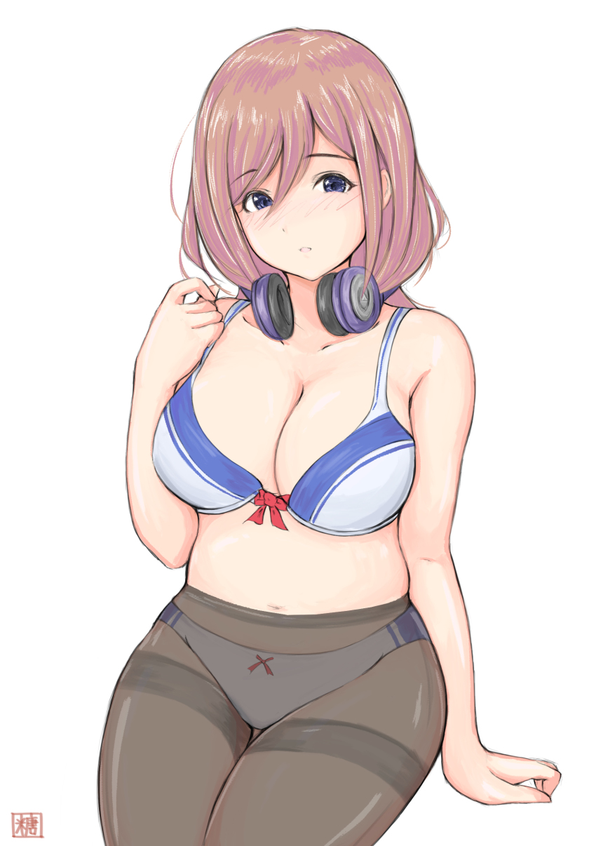 1girl, absurdres, bad_id, bad_pixiv_id, black_pantyhose, blue_bra, blue_eyes, blue_panties