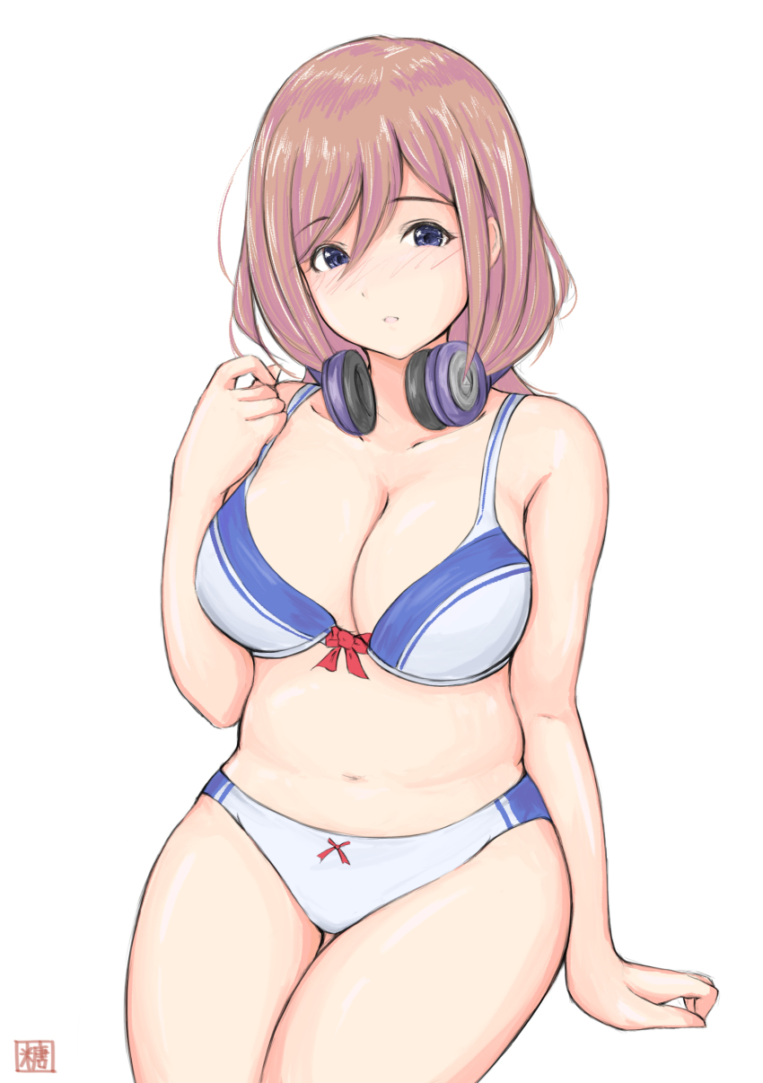 1girl, absurdres, bad_id, bad_pixiv_id, blue_bra, blue_eyes, blue_panties, blush