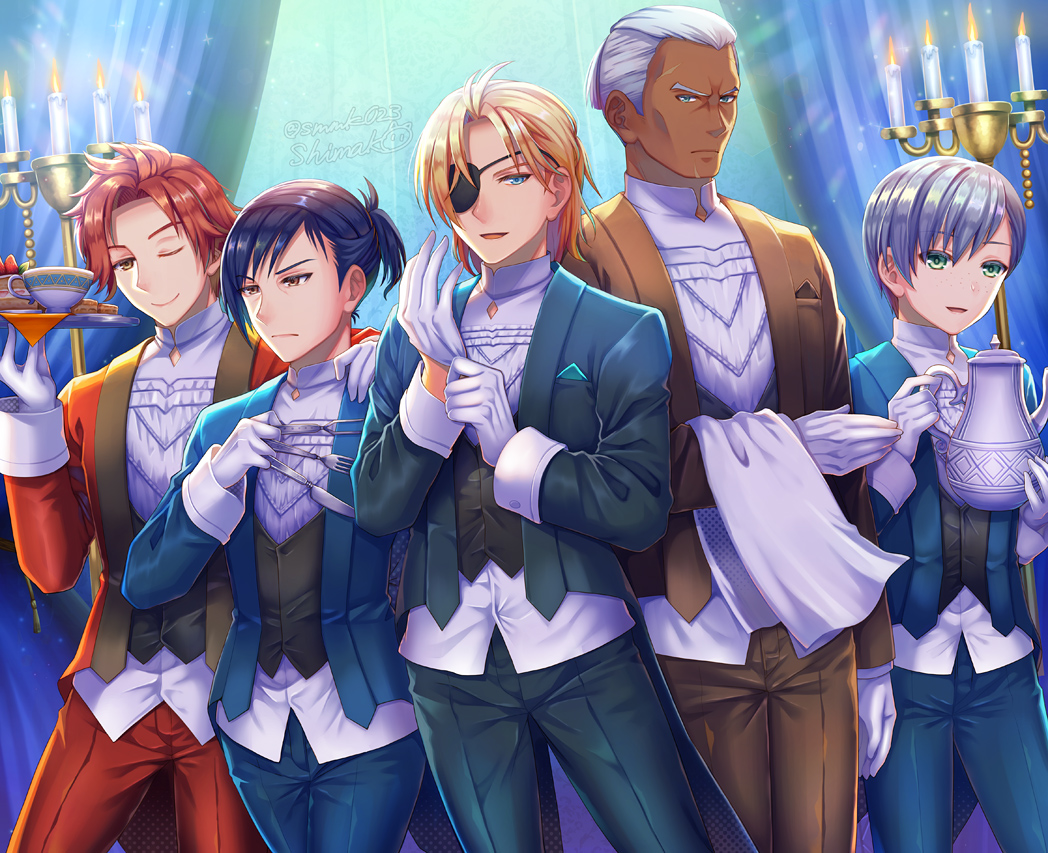 5boys, adjusting_clothes, adjusting_gloves, arm_across_waist, ashe_ubert, black_hair, blonde_hair, blue_eyes