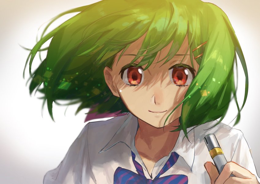 1girl, bob_cut, bow, bowtie, female_focus, floating_hair, green_hair, hair_between_eyes, hair_ornament, hairclip, highres, holding, holding_microphone, macross, macross_frontier, macross_frontier:_sayonara_no_tsubasa, messy_hair, microphone, mihoshi_academy_school_uniform, pote-mm, ranka_lee, red_eyes, school_uniform, shadow, shirt, short_hair, solo, white_shirt, wind