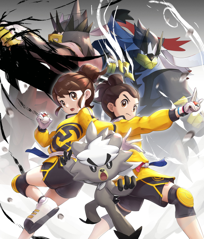 1boy, 1girl, black_shorts, brown_eyes, brown_hair, commentary_request, evolutionary_line, gen_8_pokemon