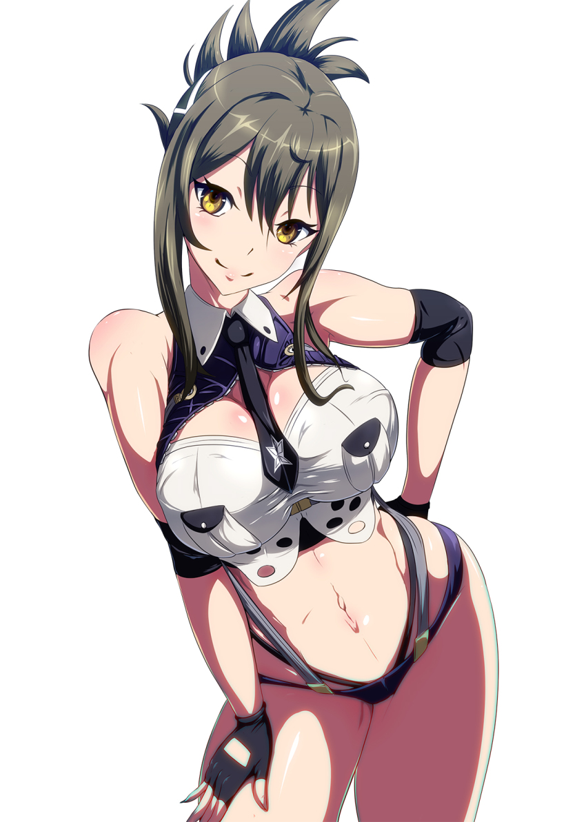 1girl, black_neckwear, breasts, brown_hair, danpu, fingerless_gloves, gloves, hand_on_own_ass