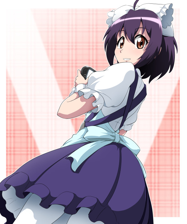 bioroid_hei, black_hair, brown_eyes, cross_ange, from_behind, from_below, handheld_game_console, looking_back