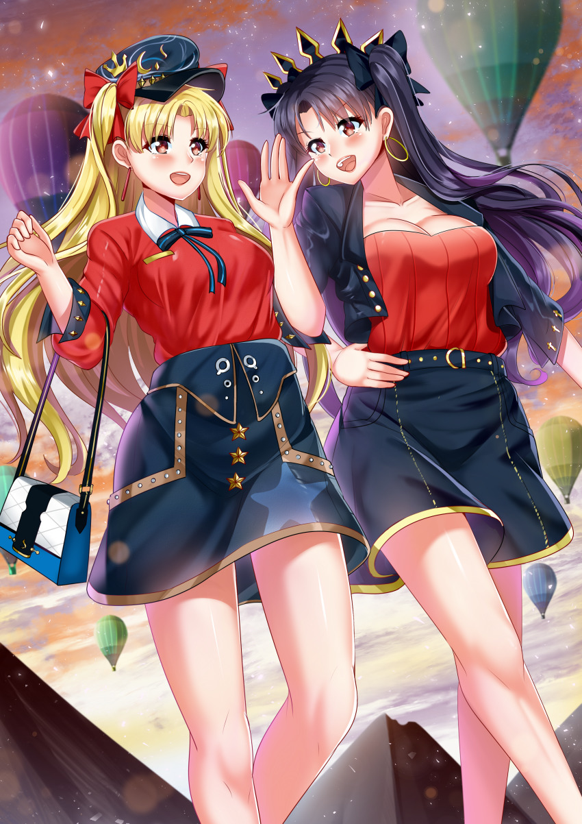 2girls, absurdres, asymmetrical_bangs, balloon, black_hair, blonde_hair, collar, dress