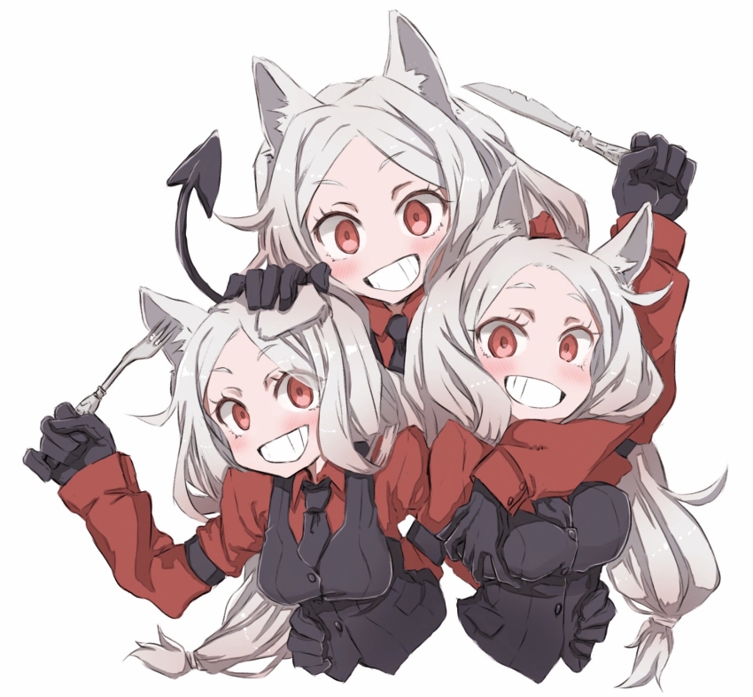 3girls, :d, animal_ear_fluff, animal_ears, arm_garter, black_gloves, black_neckwear, black_tail