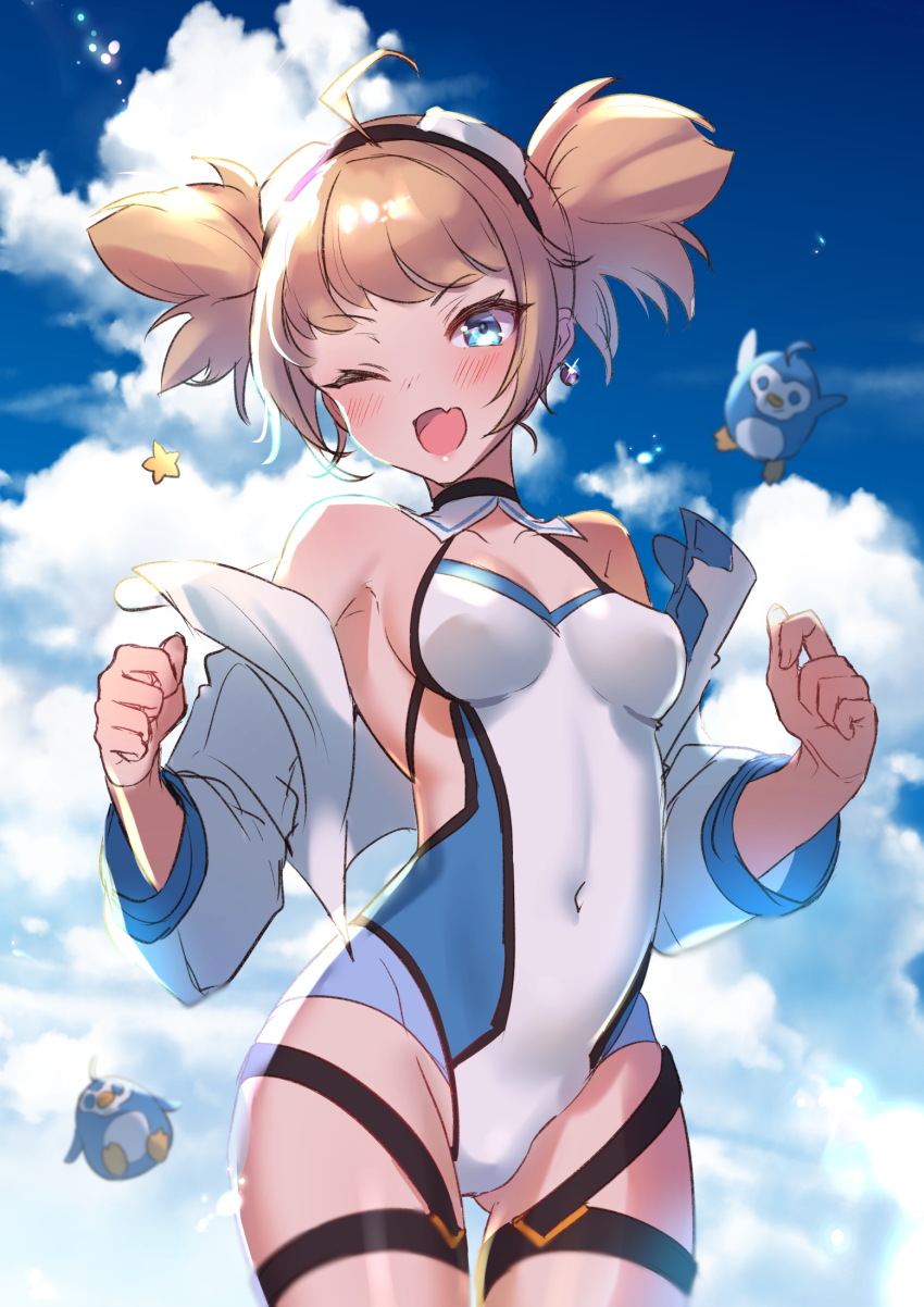 1girl, :d, ahoge, bare_shoulders, bird, blonde_hair, blue_eyes, blue_sky