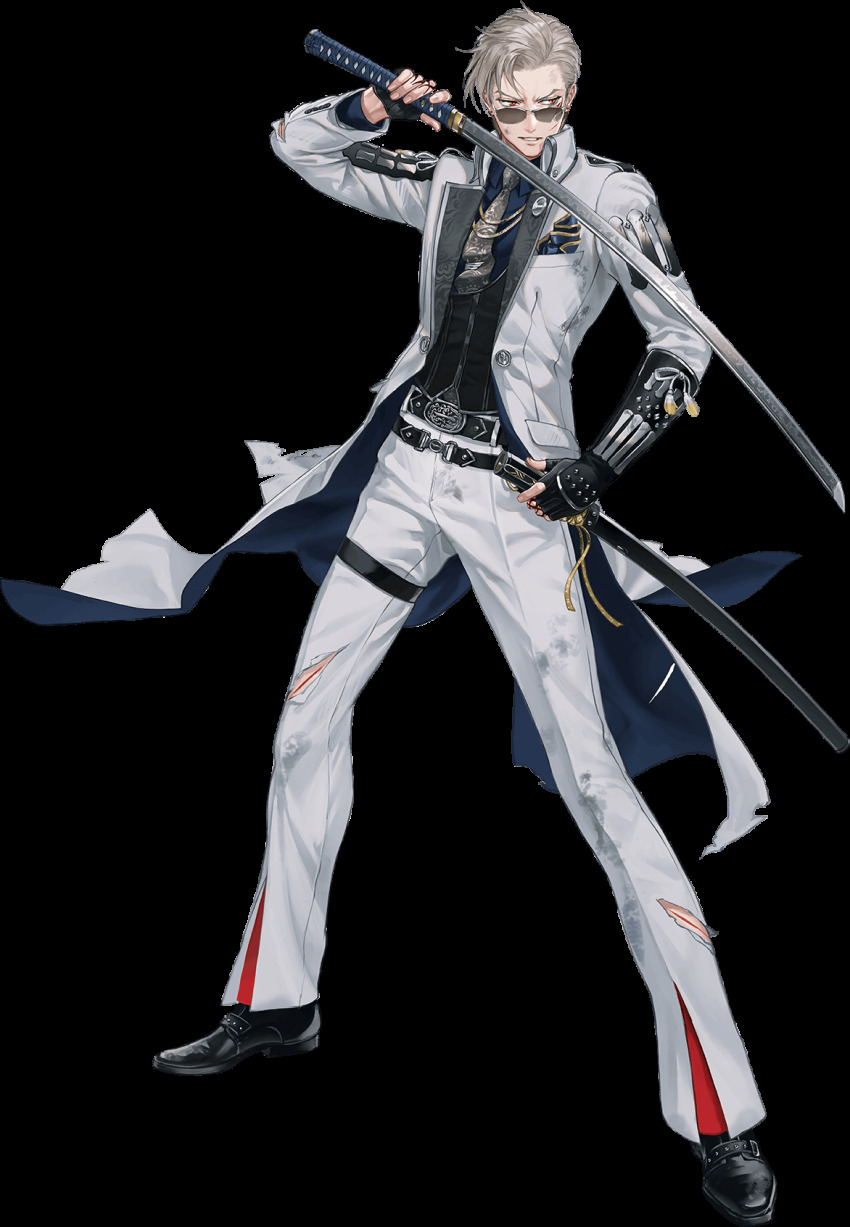 1boy, armor, black_gloves, blonde_hair, blood, broken_eyewear, collared_shirt, dirty