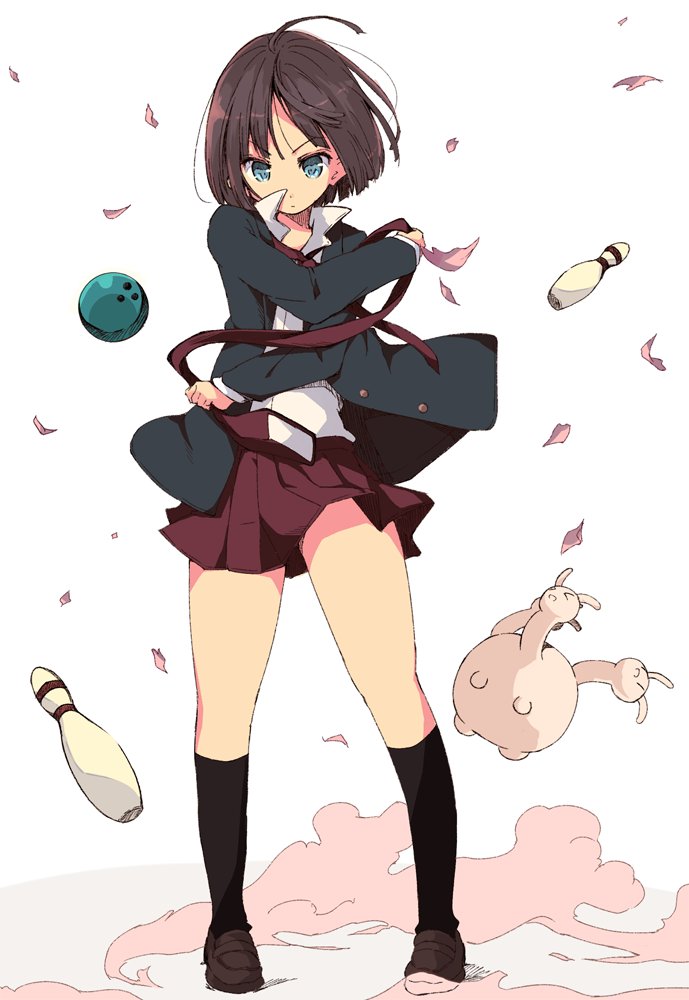 1girl, achiga_school_uniform, ball, black_hair, black_jacket, black_socks, blazer, blue_eyes