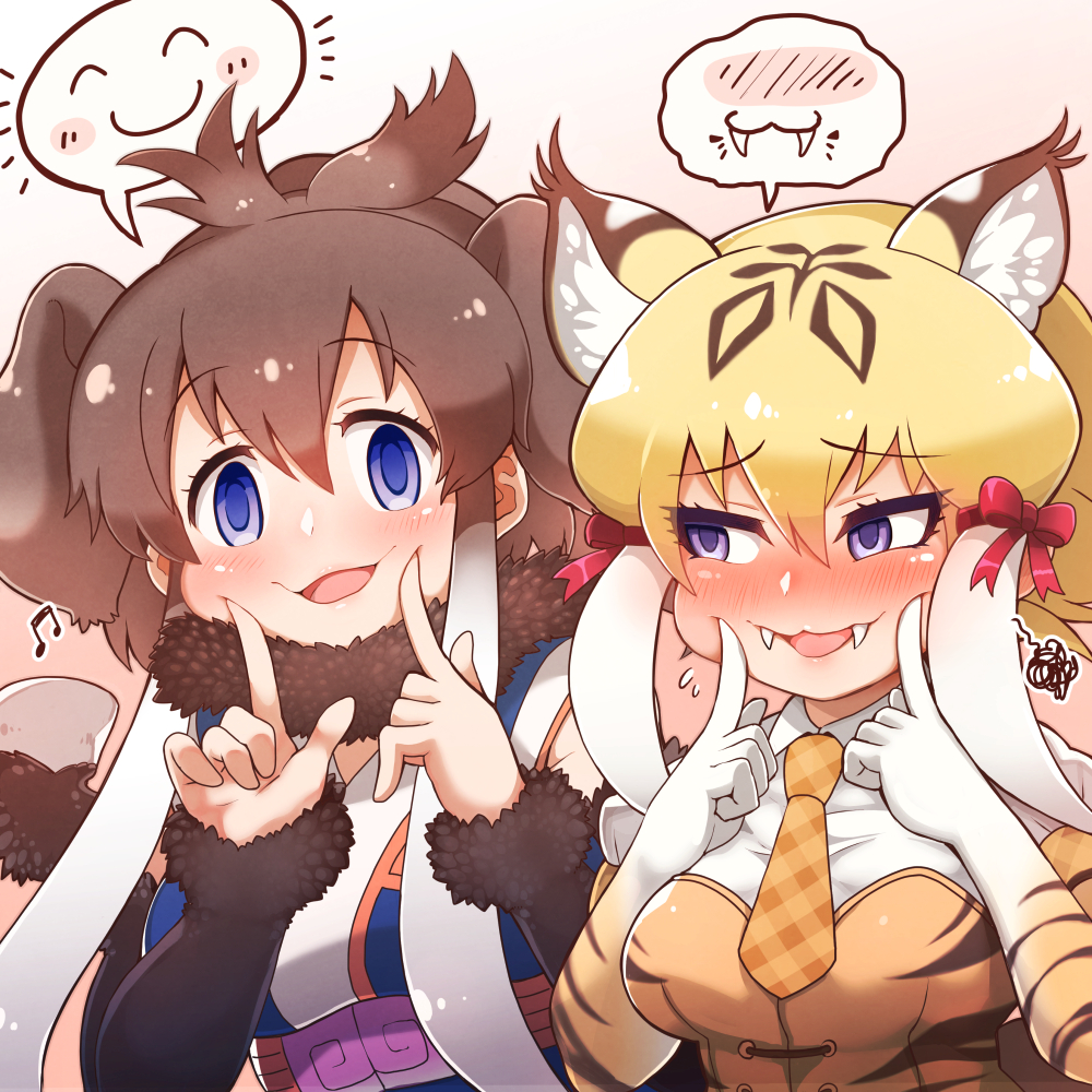 2girls, animal_ears, animal_print, blonde_hair, blue_eyes, blush, bow, brown_hair