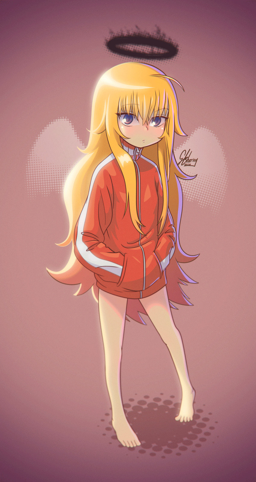 1girl, ahoge, bare_legs, barefoot, black_halo, blonde_hair, blue_eyes, blush