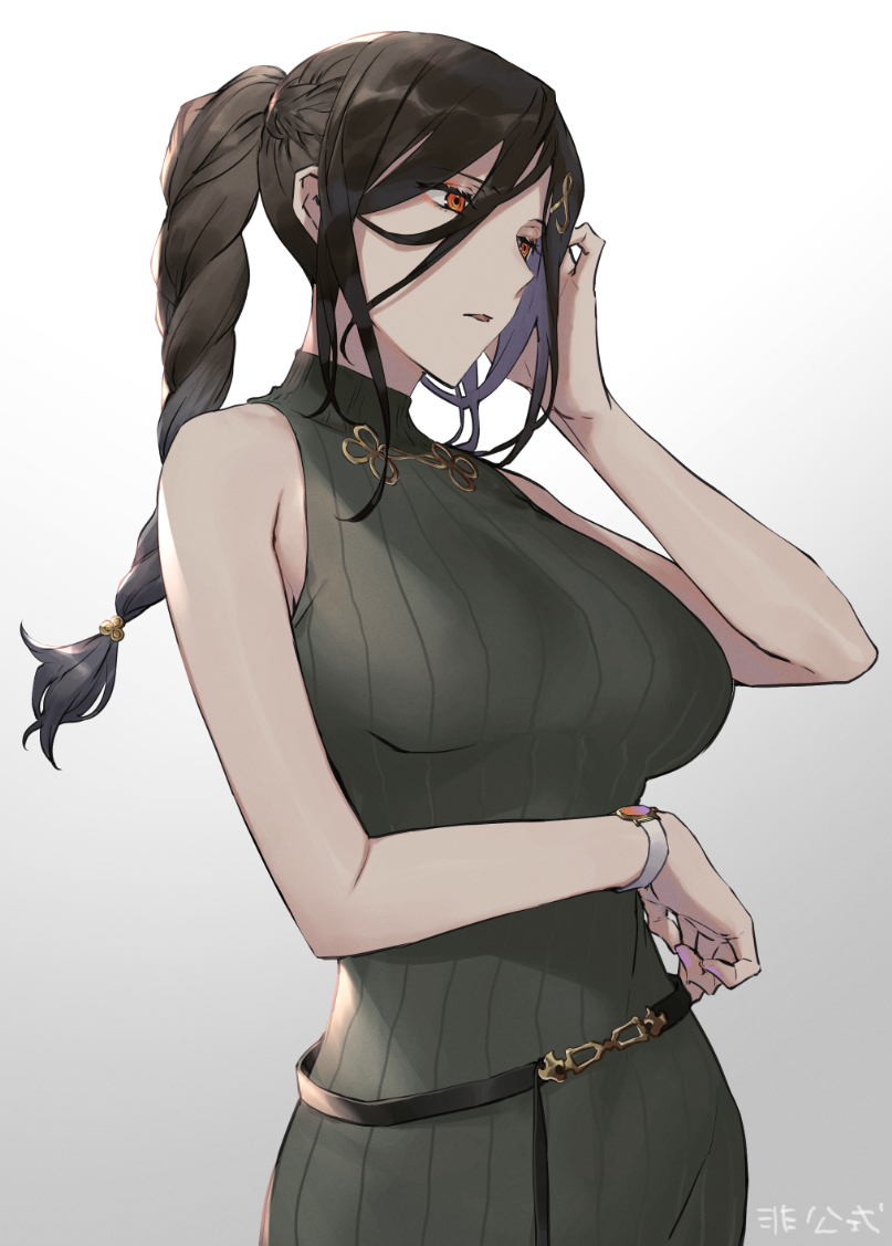 1girl, bare_shoulders, black_hair, braid, braided_ponytail, breasts, female_focus, grey_background