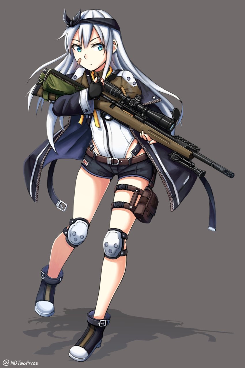 1girl, artist_name, bandaid, belt, belt_buckle, blue_eyes, bolt-action_rifle, bolt_action