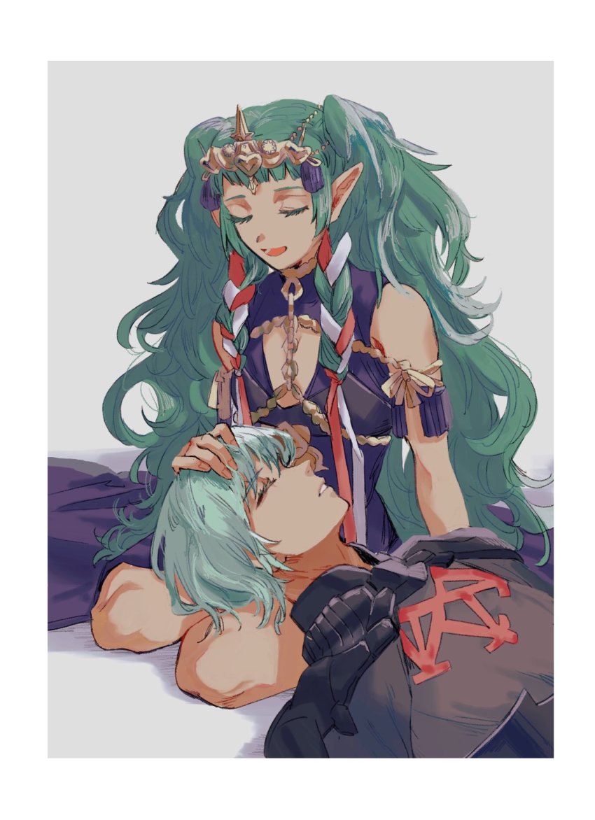 1boy, 1girl, armor, braid, closed_eyes, fire_emblem, fire_emblem:_three_houses, green_hair, hair_ribbon, hand_on_another's_head, highres, hiroshi_(moremorepi), lap_pillow, long_hair, lying, male_byleth_(awakened)_(fire_emblem), male_byleth_(fire_emblem), nintendo, on_back, open_mouth, pointy_ears, ribbon_braid, short_hair, simple_background, sitting, sothis_(fire_emblem), tiara, twin_braids