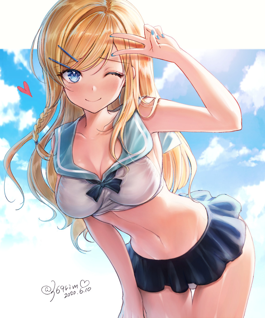 1girl, ;), alternate_costume, alternate_hairstyle, arm_up, armpits, bare_arms, bare_shoulders, bikini, black_skirt, blonde_hair, blouse, blue_eyes, blue_nails, blue_sky, blush, braid, breasts, cleavage, cloud, collarbone, cowboy_shot, crop_top, dated, female_focus, groin, hair_ornament, hairclip, hand_on_own_thigh, hayasaka_ai, smithee_a._haysaca, highres, kaguya-sama_wa_kokurasetai_~tensai-tachi_no_renai_zunousen~, leaning_forward, long_hair, looking_at_viewer, medium_breasts, microskirt, midriff, mirukurim, nail_polish, navel, one_eye_closed, revision, sailor_collar, shirt, signature, skirt, sky, sleeveless, sleeveless_shirt, smile, solo, standing, stomach, swimsuit, thigh_gap, thighs, v, white_bikini, white_shirt