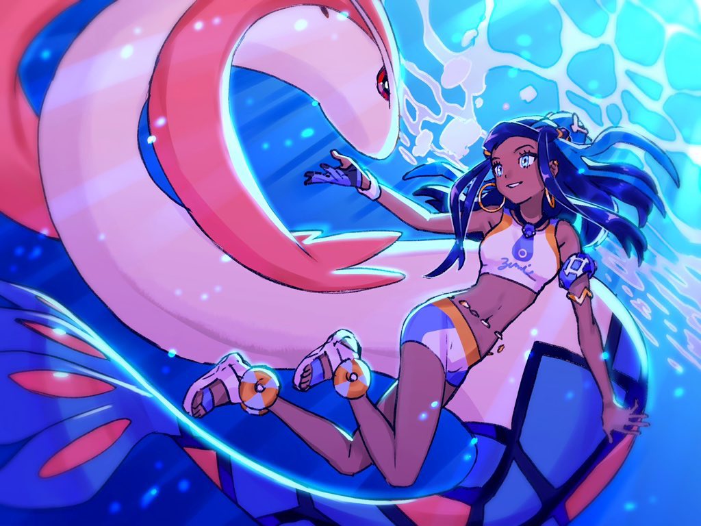 black_hair, blue_eyes, blue_hair, dark_skin, gen_3_pokemon, honoboooono, long_hair, midriff