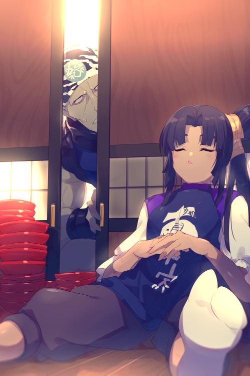 1boy, 1girl, apron, black_hair, blue_apron, bowl, breasts, closed_eyes