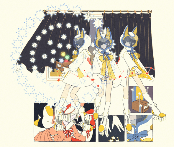 3girls, animal_ears, black_hair, box, cardboard_box, coat, commentary_request, constellation, curtains, fake_animal_ears, gloves, helmet, helmet_with_ears, kayuo, kneehighs, multiple_girls, multiple_views, original, raincoat, roller_skates, sidelocks, skates, socks, star_(symbol), white_coat, white_gloves, white_legwear