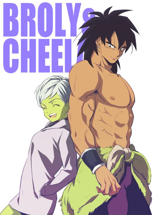 1boy, 1girl, ^_^, abs, arms_at_sides, back-to-back, black_eyes, black_hair, broly_(dragon_ball_super), character_name, cheelai, closed_eyes, closed_mouth, clothes_around_waist, coat, commentary_request, cowboy_shot, dot_nose, dragon_ball, dragon_ball_super, dragon_ball_super_broly, eyelashes, grey_hair, hands_in_pockets, happy, height_difference, light_smile, locked_arms, looking_at_another, looking_back, medium_hair, messy_hair, muscular, open_mouth, pectorals, purple_coat, topless_male, short_hair, simple_background, takagi_takumi, teeth, upper_teeth_only, very_short_hair, waist_cape, white_background
