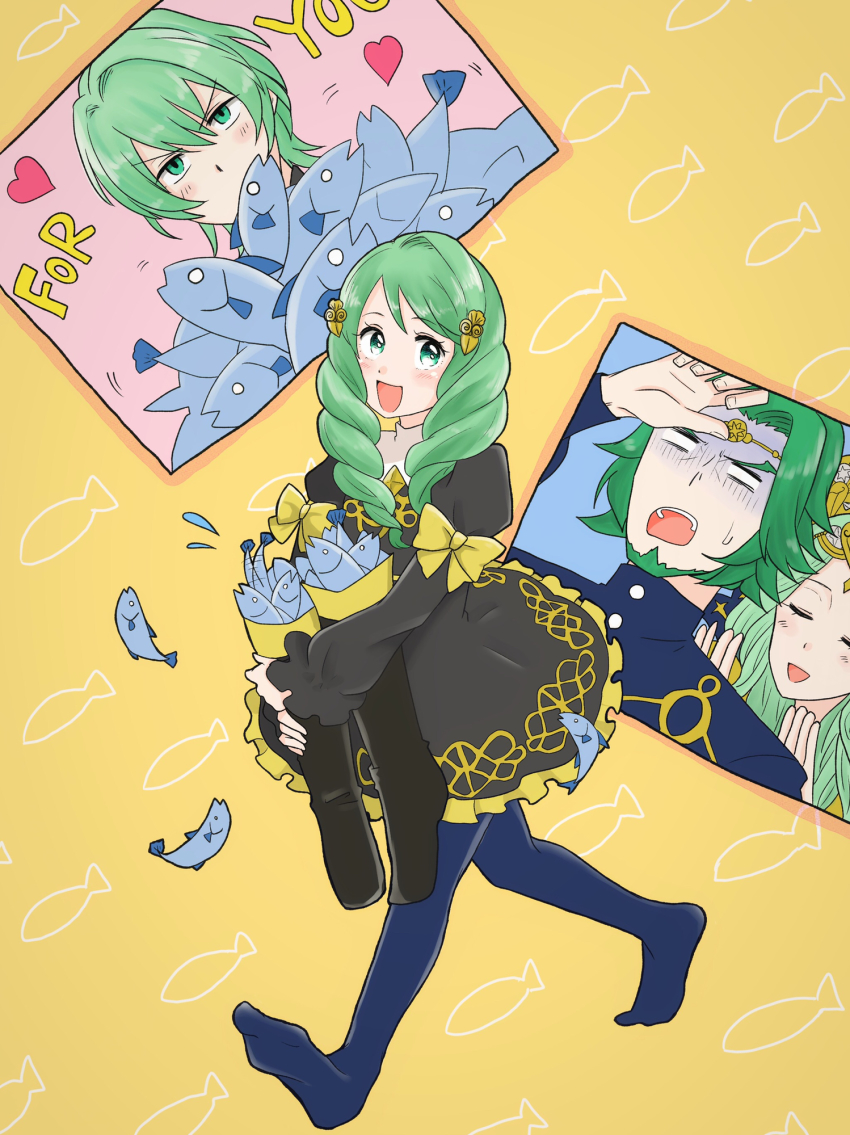 2boys, 2girls, blush, boots, bow, caramelrag, carrying, closed_eyes, drill_hair, english_text, family, father_and_child, father_and_daughter, fire_emblem, fire_emblem:_three_houses, fish, flayn_(fire_emblem), green_eyes, green_hair, hair_ornament, heart, highres, holding, holding_boots, holding_footwear, holding_unworn_clothes, long_hair, male_byleth_(fire_emblem), matching_hair/eyes, multiple_boys, multiple_girls, nintendo, open_mouth, parent_and_child, rhea_(fire_emblem), ribbon, seteth_(fire_emblem), unworn_boots, yellow_background