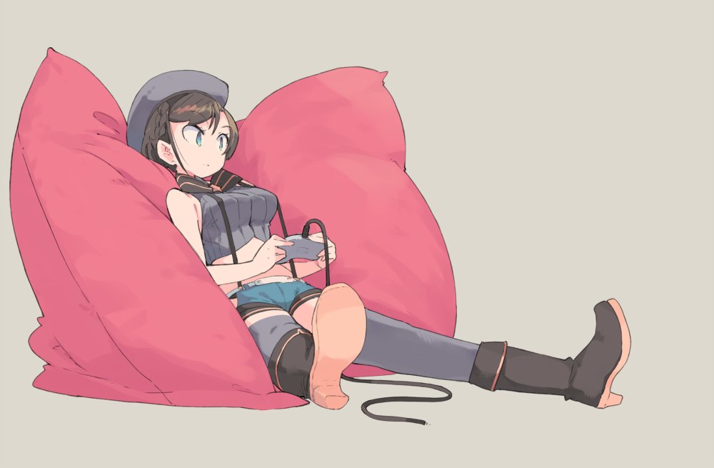 1girl, :o, aqua_eyes, bare_arms, bare_shoulders, beret, blouse, boots, braid, breasts, brown_hair, clothing_cutout, controller, crop_top, female_focus, french_braid, full_body, grey_background, grey_shirt, grey_thighhighs, hat, hip_vent, holding, holding_controller, hololive, legs_apart, looking_to_the_side, medium_breasts, midriff, oozora_subaru, oozora_subaru_(suspenders), pillow, reclining, shima_(artist), shirt, short_hair, shorts, side_slit, simple_background, sleeveless, sleeveless_shirt, solo, striped_clothes, striped_shirt, suspender_shorts, suspenders, swept_bangs, thighhighs, vertical-striped_clothes, vertical-striped_shirt, vest, virtual_youtuber