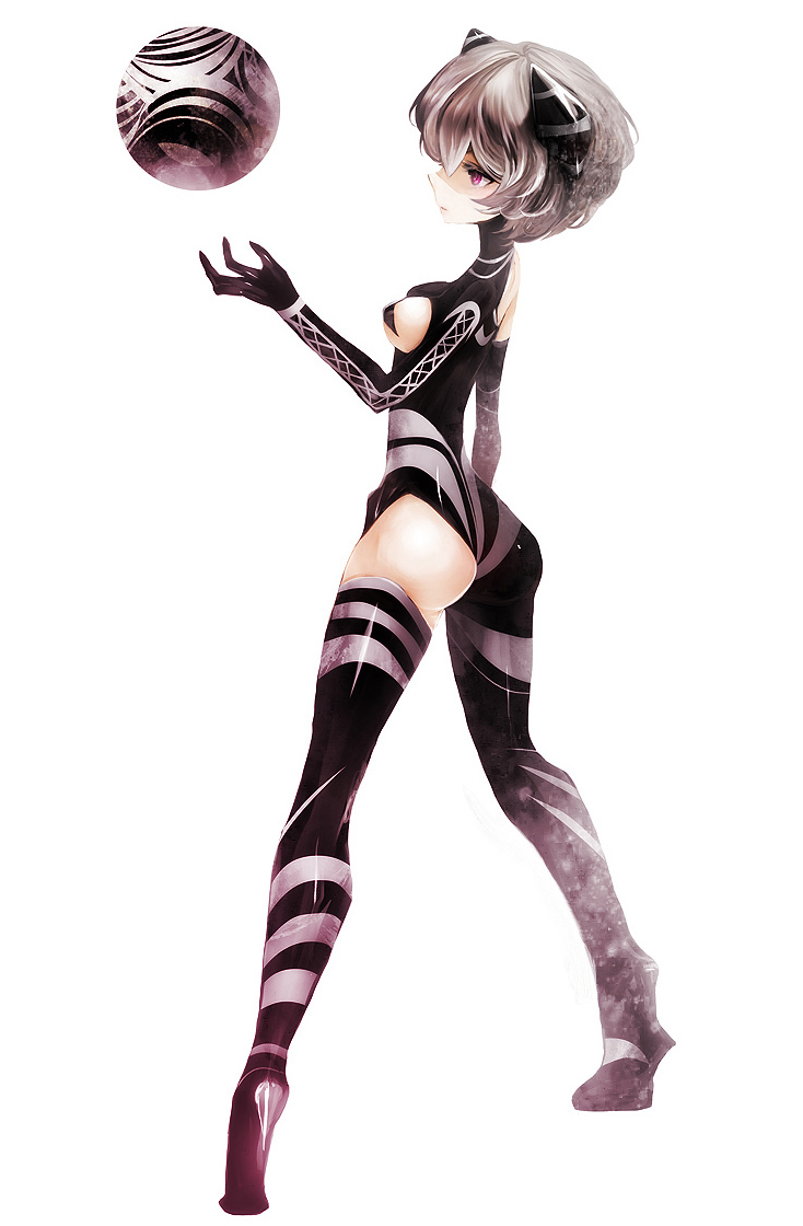 1girl, angel_(evangelion), ass, asymmetrical_clothes, ball, bodysuit, breasts, duca