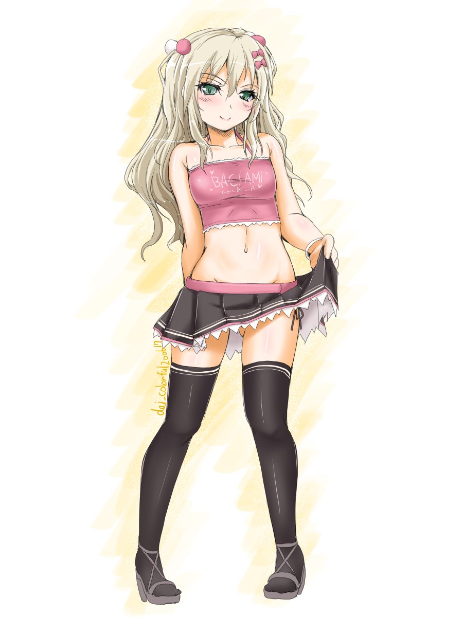 1girl, aged_up, akimoto_dai, alternate_costume, bare_shoulders, black_skirt, black_thighhighs, blonde_hair