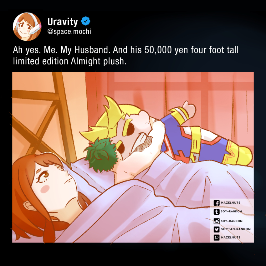 1boy, 1girl, 500_dollar_four_foot_tall_mareep_(meme), all_might, bed, bed_sheet, blanket, blush_stickers, boku_no_hero_academia, brown_hair, character_doll, character_name, commentary, couple, doll, english_commentary, english_text, green_hair, hazelnuts_(soy_random), highres, holding, holding_stuffed_toy, hug, hugging_object, indoors, lying, meme, midoriya_izuku, on_side, scar, short_hair, sleeping, stuffed_toy, under_covers, uraraka_ochako, watermark